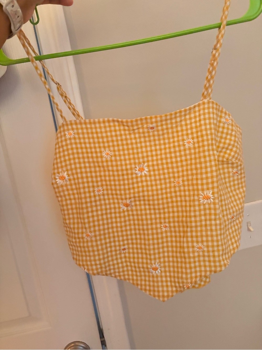 Kirious Gingham Daisy Embroidered Spaghetti Strap Tank Top - Yellow
